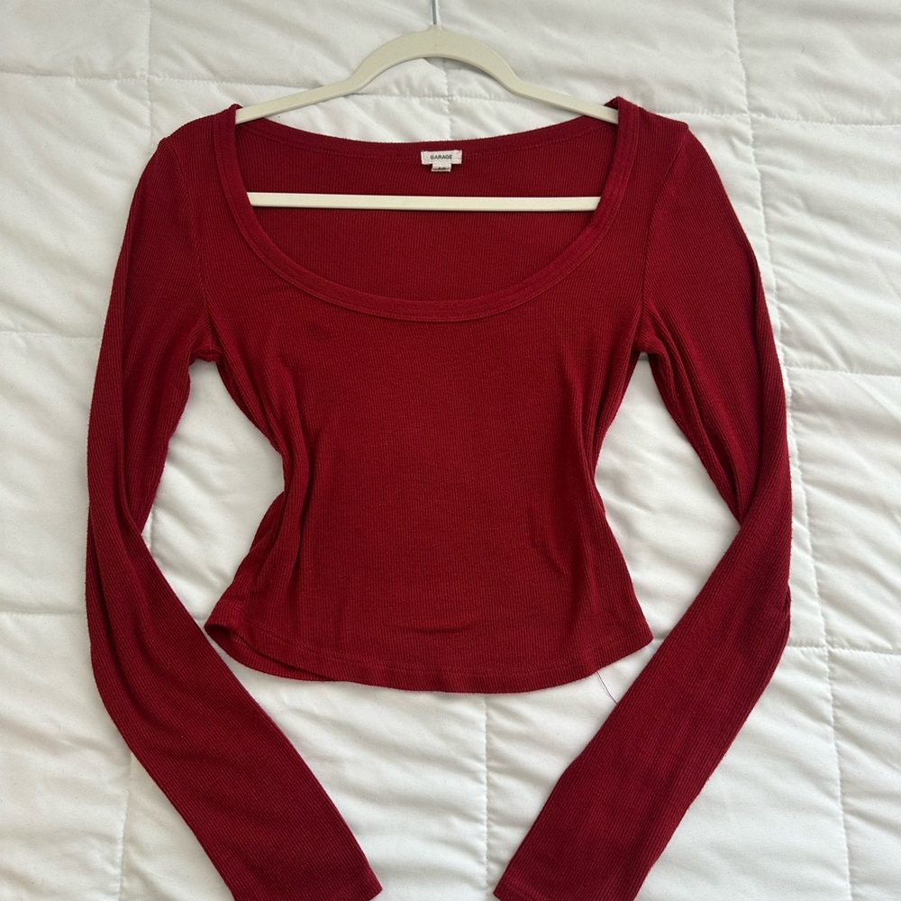 Garage Deep Red Ribbed Scoop-Neck Long Sleeve Crop Top - Picture 1 of 4